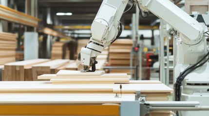 Fototapeta premium A robot managing automated wood cutting in a high-tech lumber processing plant with clean, organized cutting stations and advanced lumber processing machinery, Wood cutting tech style