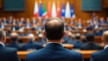 A formal gathering of officials with a focus on a man in a suit, facing a diverse assembly of flags and seated delegates in an official setting.