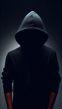 anonymous person in black hood and black background