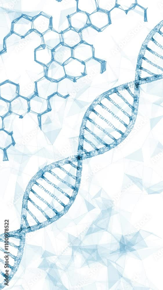 Poster seamless loop chemistry hexagon bonds and dna chain rotation on white vertical background.