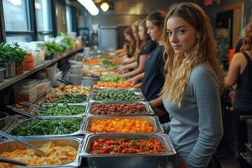 Fototapeta premium A young woman looks directly at the camera while standing in a line of people behind a buffet of fresh food, all prepared in a commercial kitchen setting.