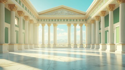 Obraz premium A grand colonnaded courtyard with marble floors, green walls, and a view of the mountains beyond.