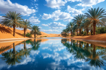 Fototapeta premium Enchanting Desert Mirage of Hopeful Dreams: A Mystical Scene Filled with Incredible Wonders, Sparkling Water in the Sand, Lush Palms, and Natural Jewels Creating a Magical Moment