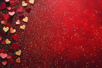 Rich red base adorned with heart-shaped confetti and glitter for Valentine's.