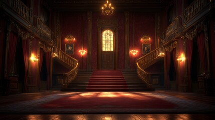 Fototapeta premium A grand, opulent, and mysterious mansion entrance with a sweeping staircase, red carpet, and warm lighting.