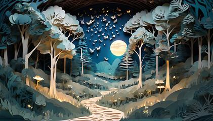 Obraz premium An intricate paper-cut style forest with layered trees, glowing fireflies, and a winding path illuminated by moonlight, creating a magical and serene setting.