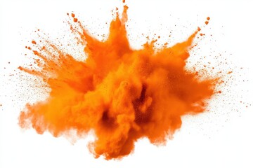 A vivid burst of orange powder dispersing dynamically with visible particle details