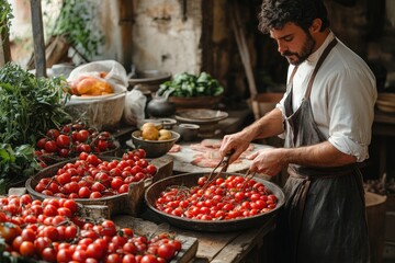 Obraz premium A man in a rustic kitchen preparing fresh tomatoes.