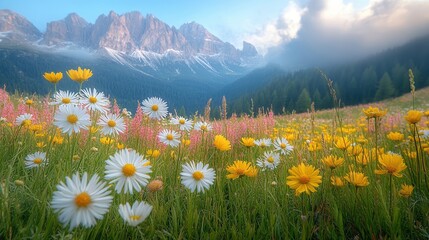 Fototapeta premium A vibrant meadow filled with colorful wildflowers against a backdrop of majestic mountains.