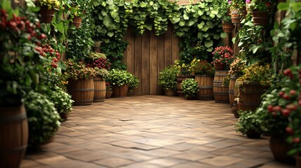 A lush, green courtyard with wooden barrels, potted plants, and a wooden wall in the background.