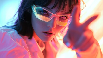 Close-up portrait of a young woman with vibrant neon lighting, wearing futuristic glasses and making a peace sign.
