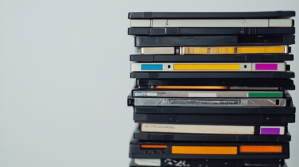 Nostalgic Stack of Colorful VHS Tapes on White Background