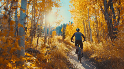 Fototapeta premium Bicyclist rides along a forest trail surrounded by vibrant fall foliage in the afternoon