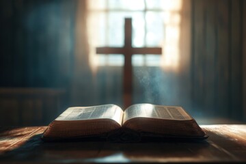 An open Bible placed on a wooden surface with a wooden cross standing in the background