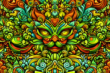 Fototapeta premium Colorful ornate creature face, vibrant green, orange, yellow, swirls, fantasy art.