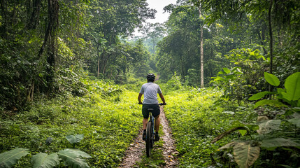 Obraz premium Bicycling through a lush green forest path on a sunny day