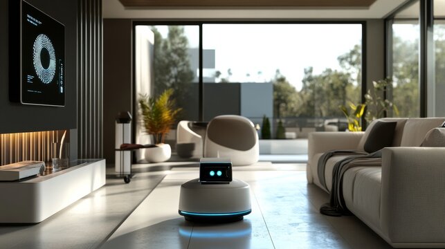 A robot navigating a smart home environment, interacting with various home automation systems and sleek furniture, Home automation tech style
