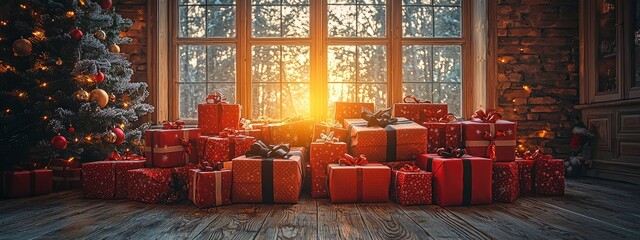 Fototapeta premium Cozy living room with beautifully wrapped presents on a festive occasion