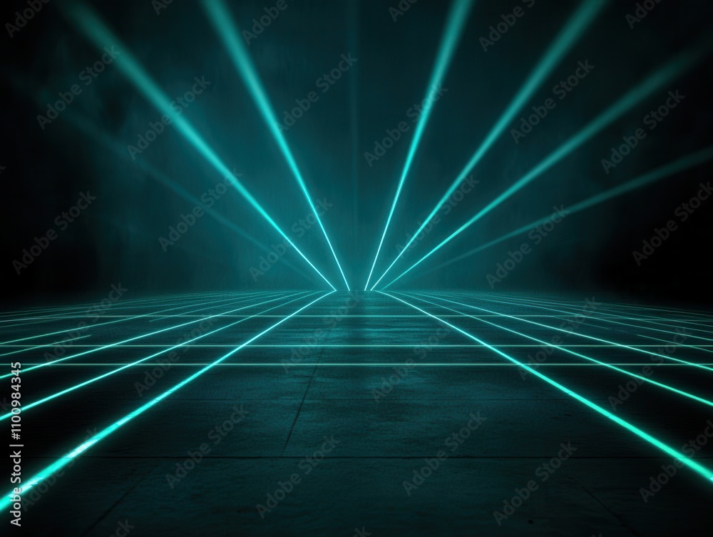 Poster A futuristic scene featuring glowing teal laser beams and a grid pattern, creating a dynamic, tech-inspired atmosphere.