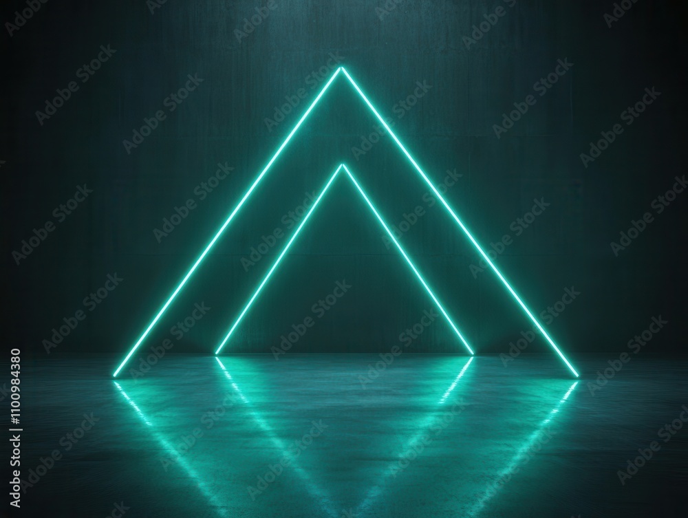 Poster A striking neon-lit triangular arrangement on a reflective surface, creating a modern and futuristic ambiance.