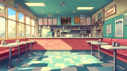 A retro diner interior with red vinyl booths, checkered floors, a counter, and a bright, sunny atmosphere.