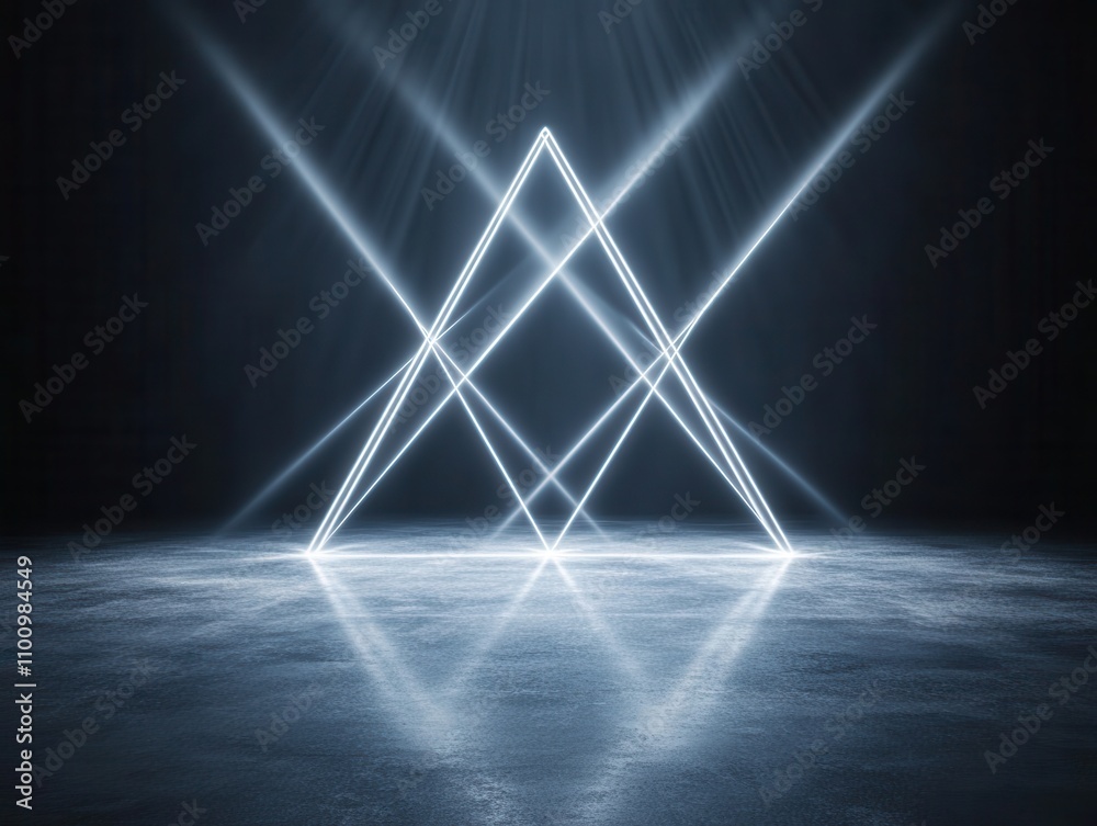 Poster A glowing triangular light formation on a reflective surface, creating a dynamic and modern visual effect in a dark environment.