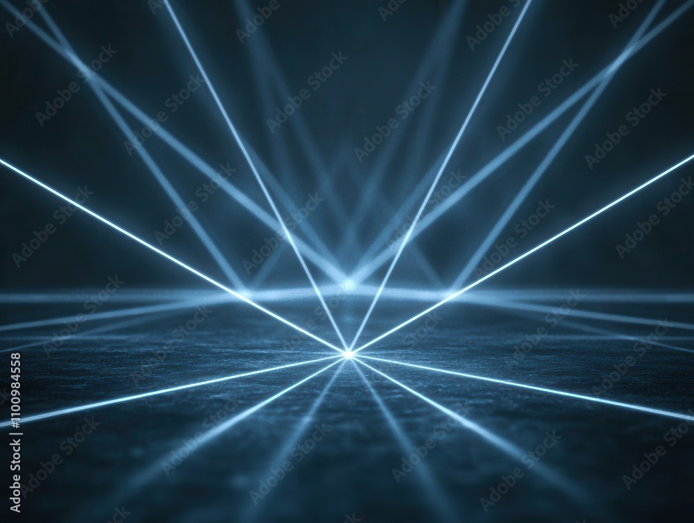 Poster A dynamic display of blue laser beams converging at a point on a dark surface, creating an energetic and futuristic atmosphere.