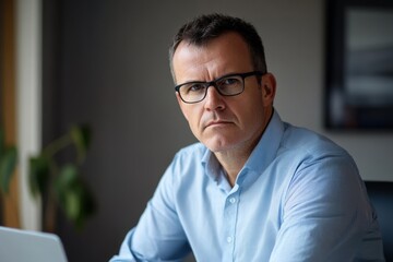 Obraz premium Busy middle aged business man executive wearing shirt and glasses sitting at desk using laptop