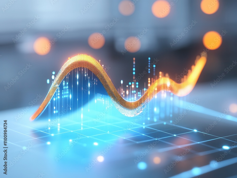 Poster A digital wave graph illustrating data trends with glowing lines and dots, representing analytics and technology in a modern environment.