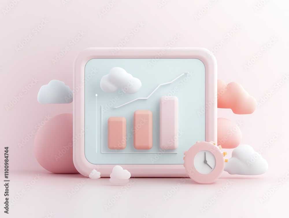 Poster A pastel-colored 3D graph within a frame, showcasing rising bars and a line trend, surrounded by soft cloud shapes.