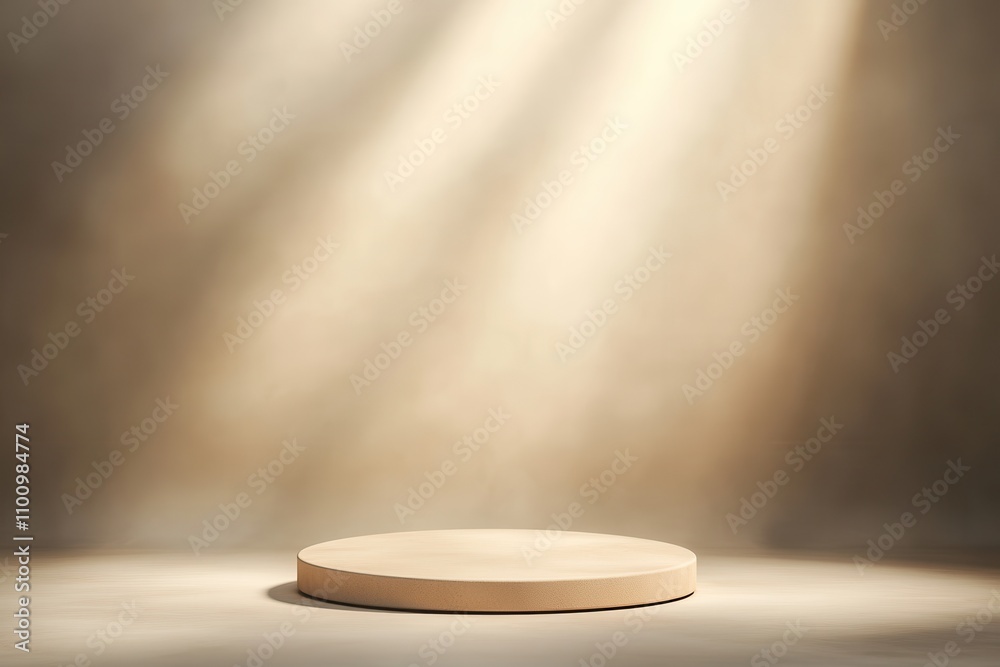 Poster a circular wooden platform illuminated by soft light, set against a blurred background, ideal for pr