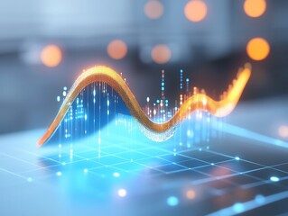 A digital wave graph illustrating data trends with glowing lines and dots, representing analytics and technology in a modern environment.