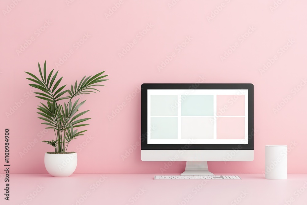 Poster a stylish workspace featuring a computer on a pink desk, complemented by a potted plant, creating a 