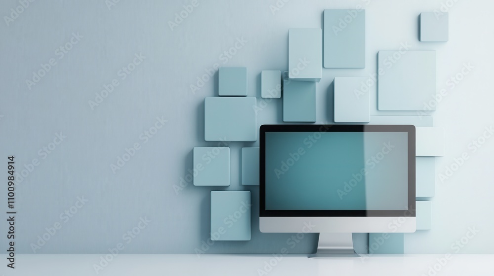 Poster a modern computer monitor against a stylish wall of geometric shapes, showcasing a minimalist design