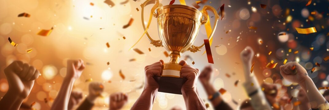 Triumphant hands lifting a golden trophy high in the air, with vibrant confetti and cheering fists celebrating victory in the background.