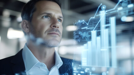 A visionary businessman analyzes data trends, contemplating future strategies and decisions in a modern and dynamic business environment.