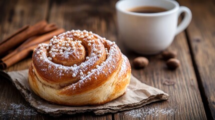 Freshly Baked Cinnamon Roll with Sugar Pearls and Coffee on Rustic Wooden Table Surrounded by Cinnamon Sticks and Nuts for Cozy Morning Vibes