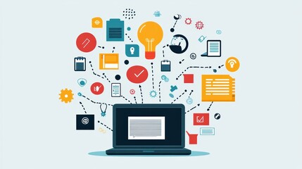 Online Education and E-Learning Concept. Person use laptop with icons representing online education, learning, knowledge sharing, educational tools, training, webinar on internet, digital courses.