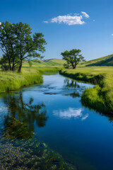 Obraz premium Tranquil River Landscape with Lush Meadows and Majestic Trees