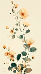 A beautiful minimalist floral graphic featuring a single stem with small yellow blossoms and green leaves on a neutral cream-colored background. 8k UHD, suitable for high-quality printing or 