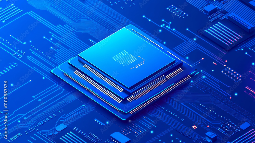 Poster a blue background shows a computer circuit board with a central processor. this image represents com