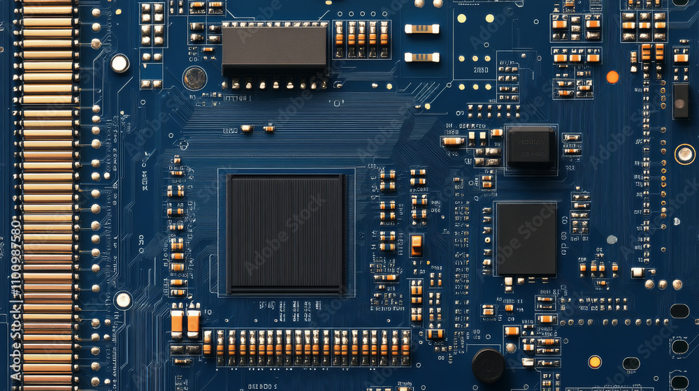 Poster a blue background shows a computer circuit board with a central processor. this image represents com