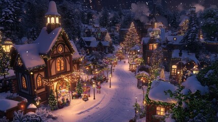 Fototapeta premium A Snowy Christmas Village Evening Lights Gleam Brightly
