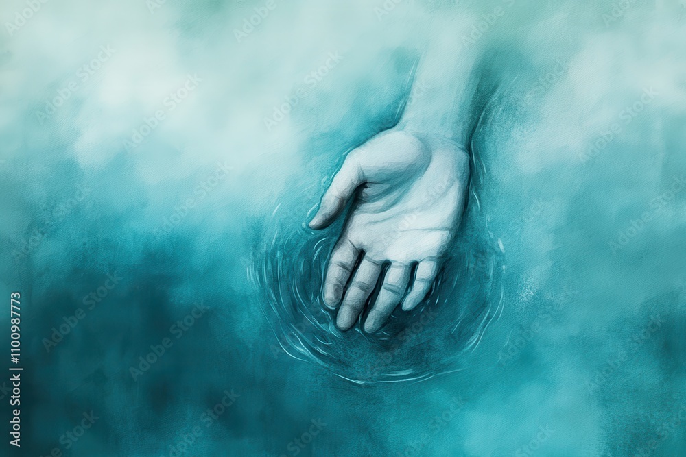 Poster a serene, close-up view of a hand reaching into water, creating ripples in an ethereal, misty turquo