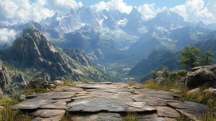 A stone pathway leading to a breathtaking view of a valley and majestic mountains in the distance.