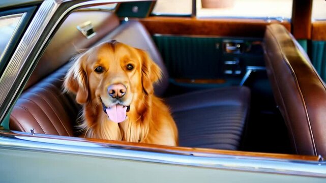 Golden retriever dog in the car looking from window outside with tonque out. Cute doggy pet labrador in vehicle transportation