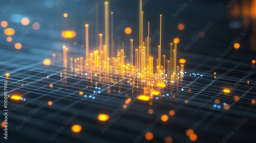 Aufkleber A vibrant digital display of glowing data points and lines, representing technology, analytics, and data visualization.