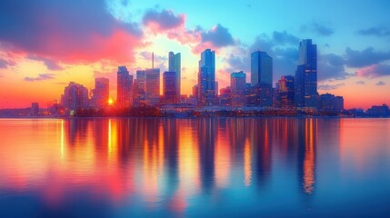 Fototapeta premium A vibrant sunset reflecting off a city skyline over water.