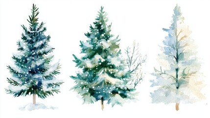 Fototapeta premium Four watercolor style Christmas trees, each with different details ranging from simple green branches to snow covered decorations