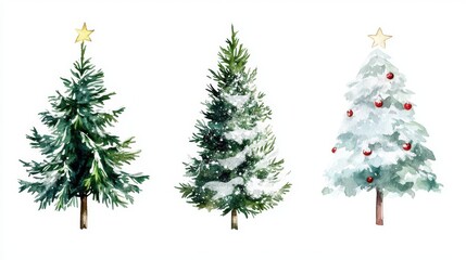 Fototapeta premium Four watercolor style Christmas trees, each with different details ranging from simple green branches to snow covered decorations